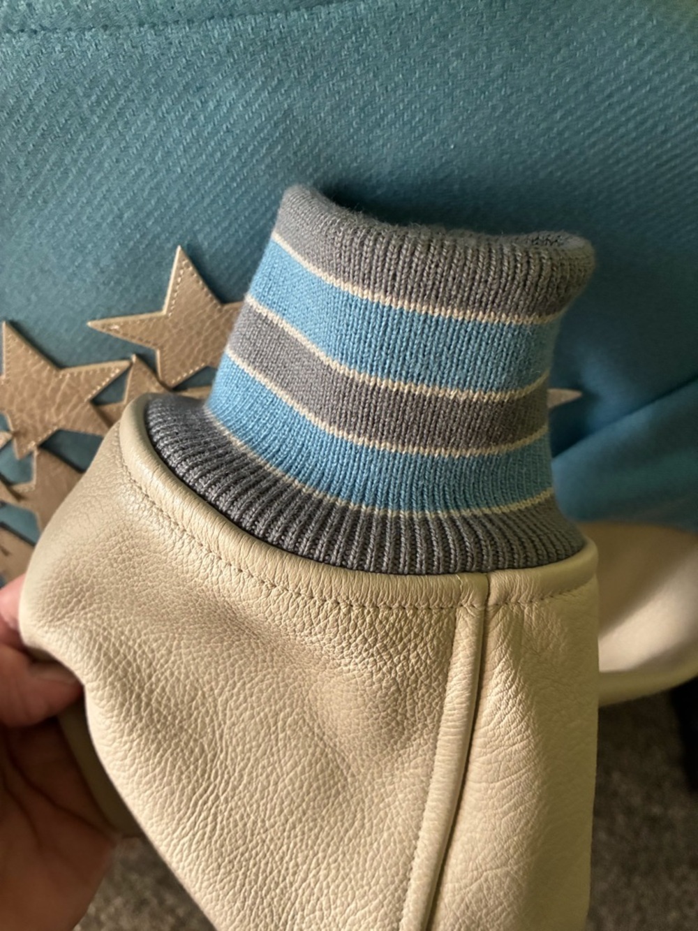 AMIRI Pastel Blue and Cream Varsity Jacket with Star Embroidery - Picture 5 of 7